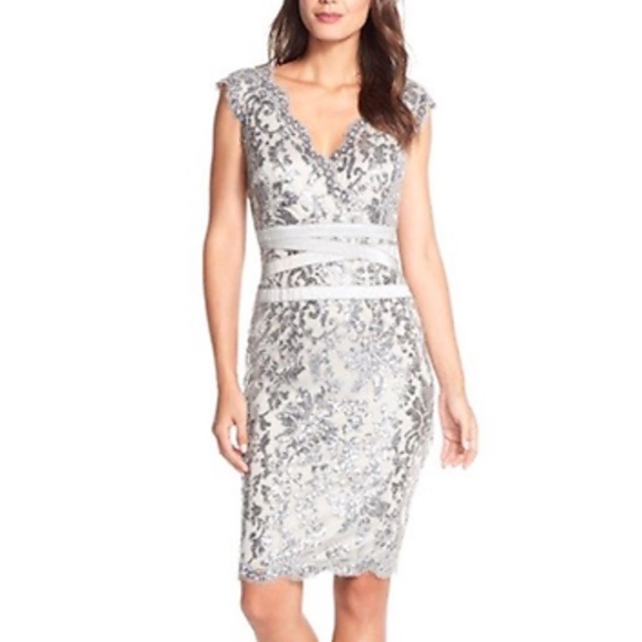 NEW Tadashi Shoji Sequin Lace Sheath Dress Silver‎ [SZ 14 ] - Picture 1 of 8